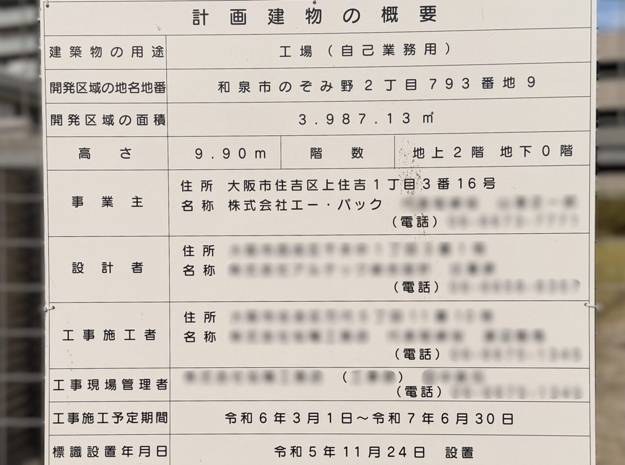 工場（計画建物の概要）掲示